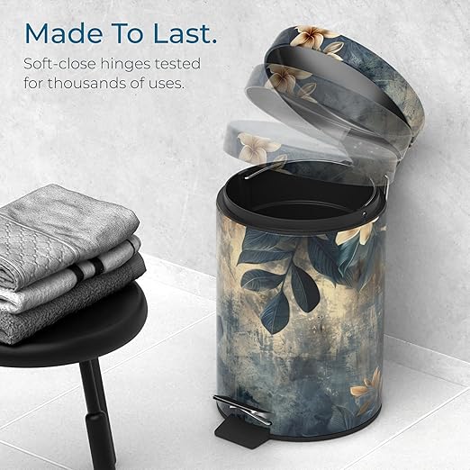Sanilo Small Bathroom Trash Can with Lid [1.3 Gallon] - Lidded Tiny Trashcan for Garbage - Mini Metal Bin with Soft Closing Mechanism - Bath Room Accessoire Wastebin with Inner Bucket (Lilybud)