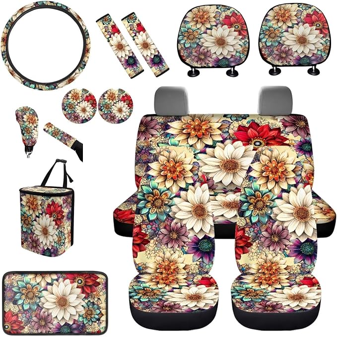 BIGCARJOB Hippie Lotus Print Car Seat Covers Set 15 Pieces Blossom Flower Seat Headrest Cover Universal Steering Wheel Cover Car Trash Can Hanging Car Interior Accessories Set
