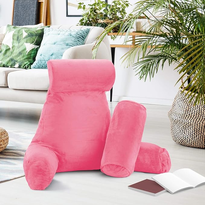 Nestl Reading Pillow with Shredded Memory Foam Includes 2 Neck and Lumber Support Pillows, Designed for Sitting Up in Bed and Couch, Back and Arms Adjustable Support for Adult & Teens, Light Pink