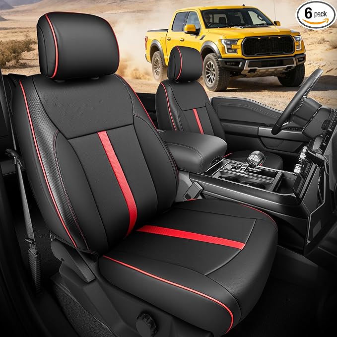 Faux Leather Front Seat Covers for Ford F150 2015–2025 2026 (XL, XLT, Not Regular Cab), Exact Fit 1st Row Bucket Seat Protectors,Truck Interior Accessories for F-150 Black/Red