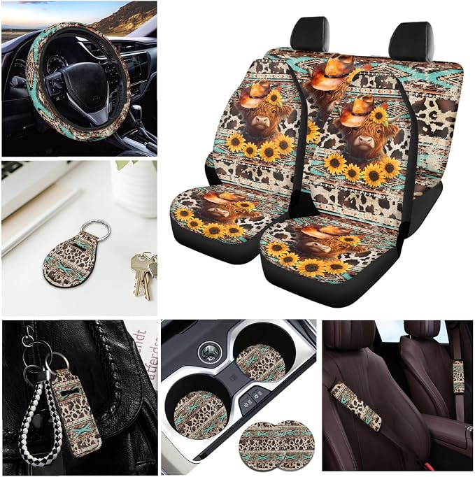 INSTANTARTS Aztec Highland Cow 13 Piece Seat Cover Set - Universal Car, Steering Wheel, Seat Belt, Coaster & Keychain Covers - Washable Auto Accessories - Sunflower Cow Tattoo