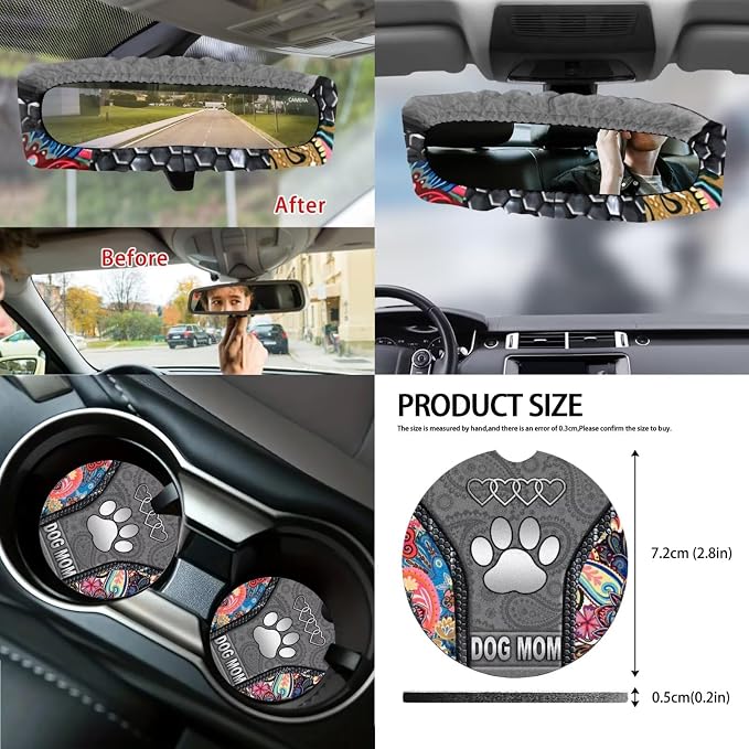 Dog Paw Print Car Seat Covers Full Set Dog Mom Print Front and Rear Car Seat Covers with Gear Lever Cover Handbrake Cover Garbage Bag Safety Belt Pads Cup Cushions, Gray