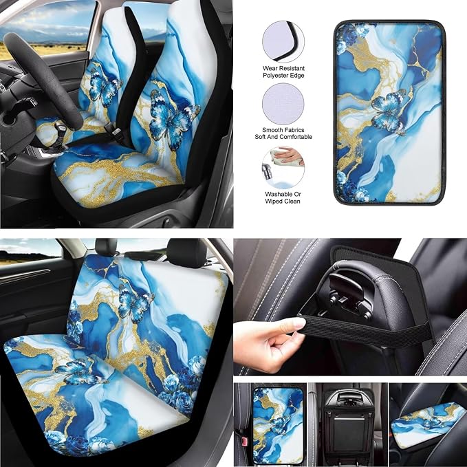 Blue Fluid 13 PCS Car Seat Covers Blue Butterfly Gild Fluid Full Set Car Front Back Seat Cover Art Aesthetics Gradient Steering Wheel Cover Fit Auto SUV Trucks