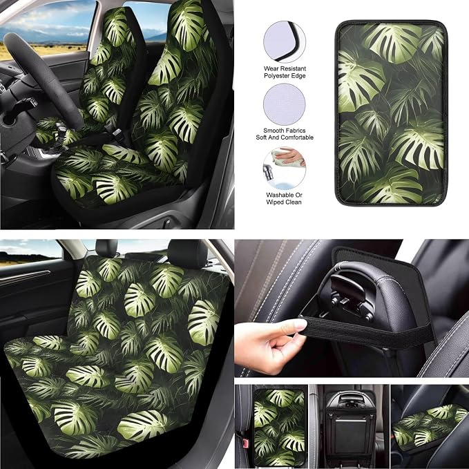 Monstera 13 Pcs Car Seat Covers Full Set, 3D Graphic Green Leaf Auto Front and Rear Bench Seat Protector, Tropital Plants Steering Wheel Sleeve Auto Armrest Cover