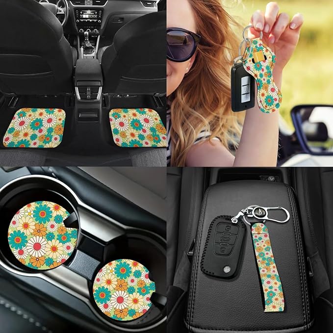 Colorful Daisy Car Accessories Set 17 Pack,Rose Car Seat Covers Full Set with Front and Rear,Car Floor Protector Pads,Steering Wheel Covers,Seat Belt Cover,Lipstick Holder Keychain