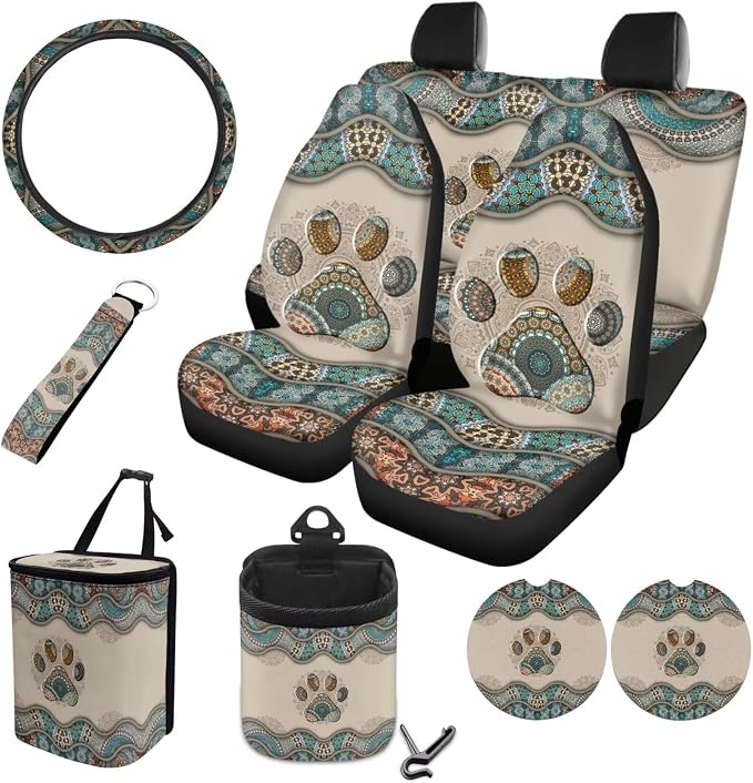 Boho Paw Print Auto Seat Covers Full Set, 10 Pcs Universal Fit Interior Accessories Decor Steering Wheel Cover Car Trash Bin Keychain Coasters Air Vent Storage Box for Women Men