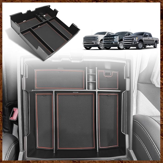 Muslogy Center Console Organizer(Fit With OEM Tray) (Brown)& Extra Thick Armrest Cover (Bucket Seat Only) Compatible with Ford F250 2023-2024