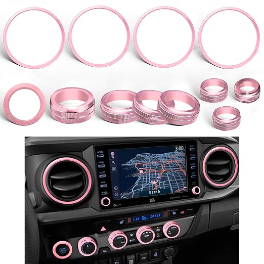for Toyota Tacoma Accessories 2023 2022 2021 2020 with 8" or 7" Touchscreens Knob Covers - AC Vent Ring Button Knob Covers for Air Conditioner Volume Mirror Push Start Stop Button Trim 12Pcs (Pink)