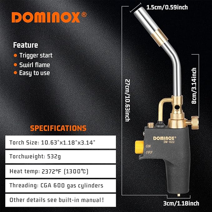 DOMINOX Propane Torch Head with 5FT Hose, High Intensity Trigger Start Gas Torch, Propane Torch Kit for Propane, Map and Mapp Gas, Soldering Torch Kit (Not Included Gas Tank)