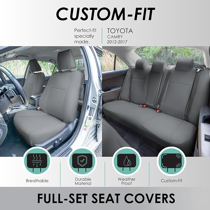 FH Group Custom Fit Seat Covers Specifically Made for 2012-2017 Toyota Camry LE | SE | XSE | XLE - Faux Leather, Waterproof Car Seat Cover, Full Set Solid Gray