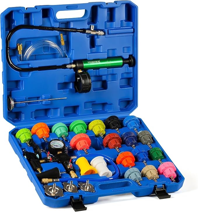 Universal 28PC Radiator Pressure Tester Kit,Coolant Pressure Tester Vacuum Refill Kit for Automotive Cooling System Water Tank Leakage Detection Coolant Pressure Tester with Vacuum Pump Vacuum Purge