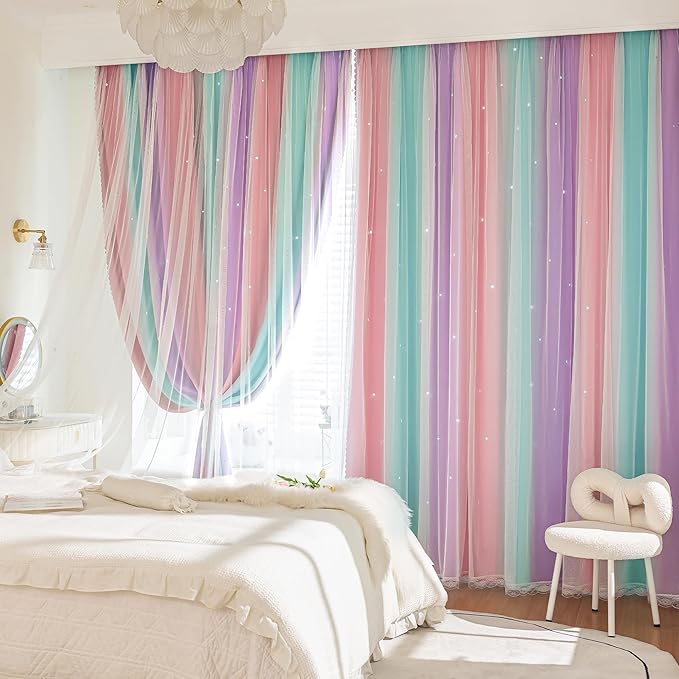 XiDi Girls Blackout Curtains 108 Inches Long for Bedroom, Room Darkening Grommet Window Ombre Curtains 2 Panels, Kids Unicorn Princess Theme Decor Colorful Rainbow Design Pink Purple Green 42W x 108L
