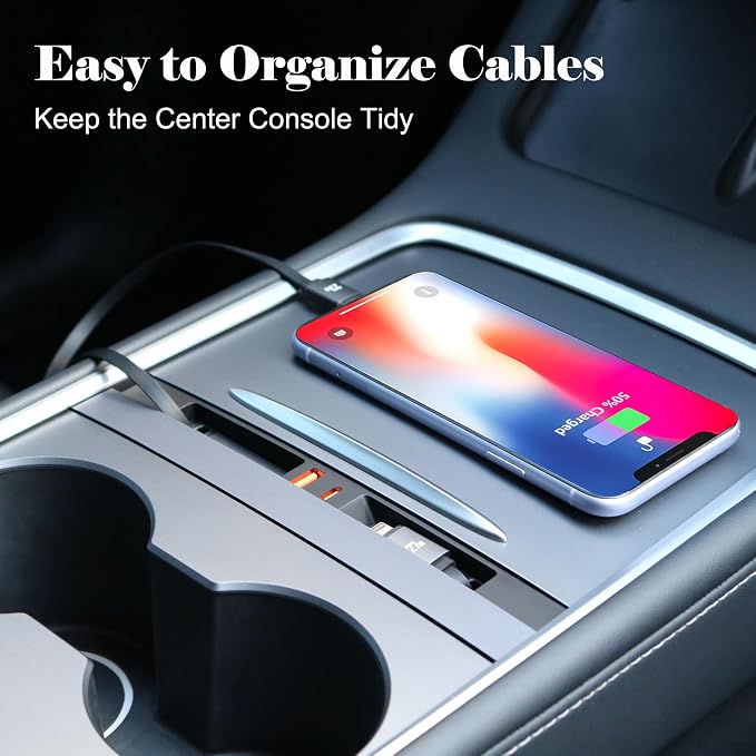 Car USB Hub Charger for Tesla Center Console with Fast Charging Retractable Cables Phone Charger Docking Station Accessories (Model Y 21-24 & Model 3 21-23)