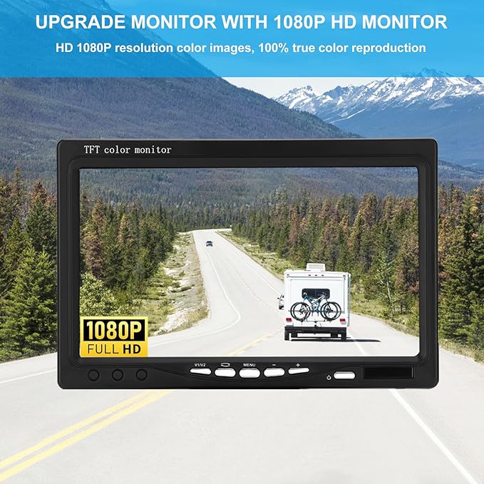 Truck RV Backup Camera with 7 Inch Monitor, AHD 1080P DIY Guide Lines No Delays Waterproof Wired Reverse Rear View Camera System for Car Trailer Camper