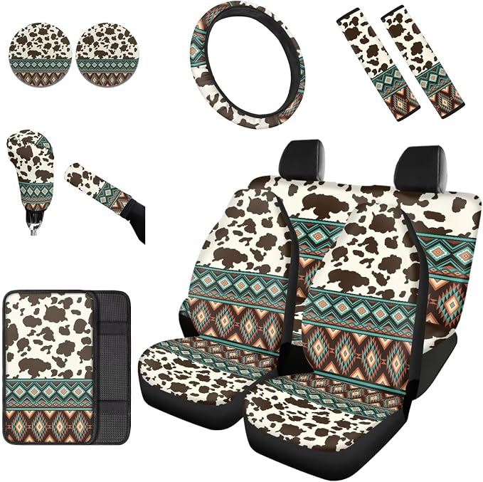 Dreaweet Aztec Cow Car Seat Covers Full Set for Women,Southwestern Car Accessories Interior,Native American Steering Wheel Cover with Center Console Cover,Seat Belt Pads,Car Coasters,Gear Shift Cover