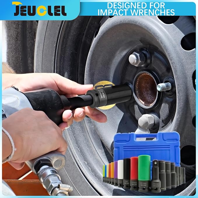 18PCS 1/2" Drive Lug Nut Socket Set, Thin Wall Lug Nut Sockets with Colored Protective Covers, 6 Point & 12 Point Twist Double Ended Twist Socket Set, Flower Head, Impact Extension Bar