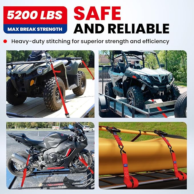 MOCA Red Heavy Duty Ratchet Tie Down Straps - 5200 Lbs Breaking Strength 1.6" x 8', Includes 4 Heavy Duty Ratchet Padded Handles & Coated Chromoly S Hooks & 4 Soft Loop Tie-Downs