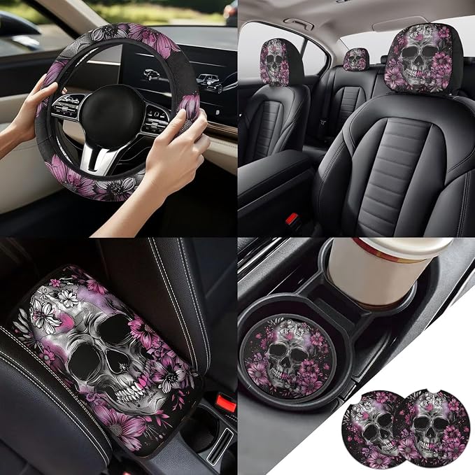 Silver Skull Pattern Auto Seat Cover Set of 13, Purple Flowers Car Front & Back Seat Cover with Steering Wheel Cover, Seat Belt Covers Cup Holder Keychain, Fit for Most Cars SUV