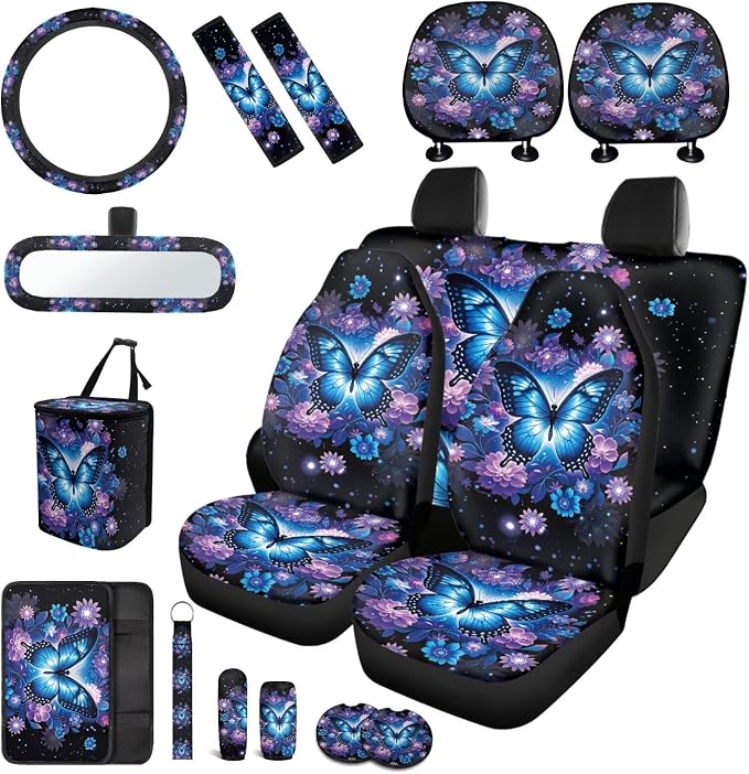 17 Pieces Blue Butterfly Car Seat Covers Sets Full Set with Front and Split Rear Bench Steering Wheel Cover,Butterflies Car Accessories for Women,Auto Seat Belt Cover,Car Headrest Cover