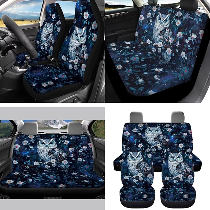 Floral Owl 15 PCS Car Seat Cover Full Set with Steering Wheel Cover Seat Belt Strap Pads Cup Coasters Trash Bag Rearview Mirror Cover Keychain Auto Interior Decor