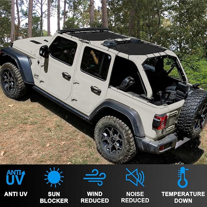JL Top Sun Shade Roof Compatible with Jeep Wrangler 2 or 4 Door 2018 to 2023 Sunshade Sunroof Blocks UV Wind Noise Black Mesh for Front and Rear 2 pcs