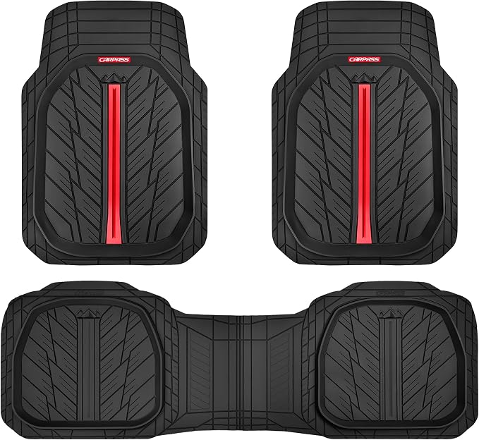 CAR PASS 3D Foam Support Red Leather Car Seat Covers Front Seats,Waterproof Faux Leather Front Seat Cover for Car,Universal Fit Anti-Slip for SUV Truck,Rubber Floor Mats for Cars