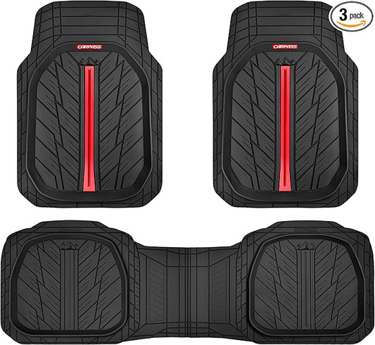 CAR PASS Tire Tread DeepDish Rubber Floor Mats for car Heavy Duty car mats All Weather, Universal XL~M Trim to Fit for Truck SUV Vehicle Automotive, Waterproof car mats 3 Piece (red Black)