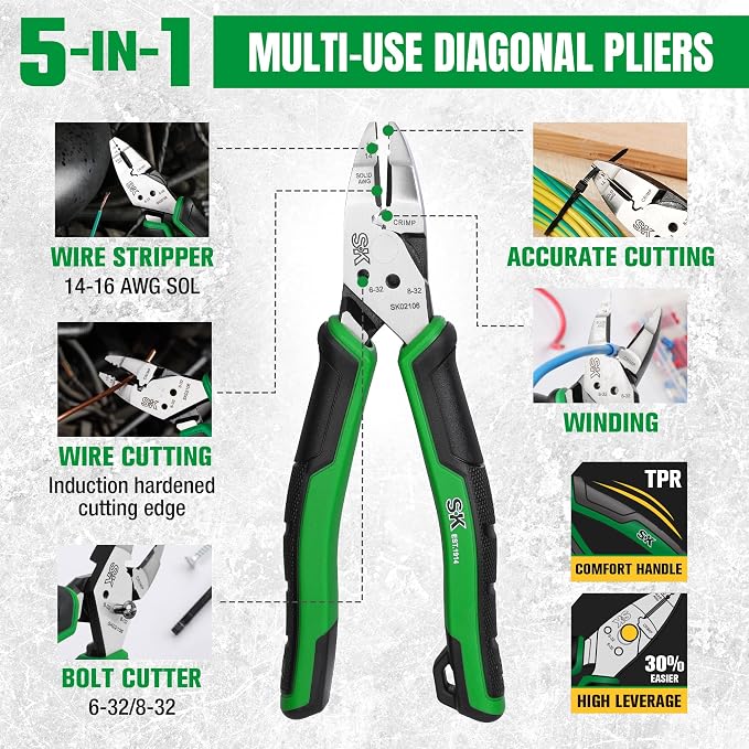 SK 3-Piece Multi-use Pliers Set, 7-Inch Diagonal Plier, 8-Inch Noodle Nose and Linesman Pliers, CR-V Construction, Anti-slip Handle, with EVA Foam Tool Organizer