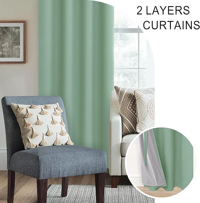 XWZO 100% Blackout Curtain Panels with Tiebacks- Heat and Full Light Blocking, Thermal Insulated Window Draperies with Grommets for Bedroom/Basement, Light Sage, W52 x L45, Set of 2