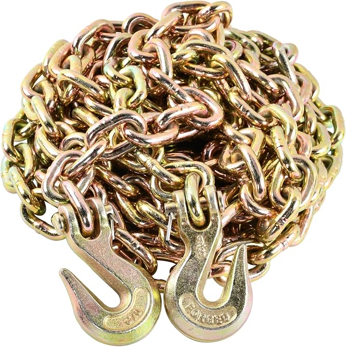 3/8" x 20 FT G70 Transport Tow Chain with Grab Hooks 6600 Lbs Working Load for Transport Tie Down Binder Chain Flatbed Truck Trailer