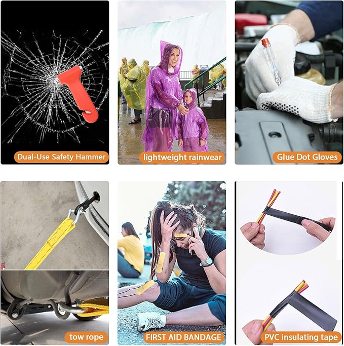 Car Emergency Roadside Tool Kit, Emergency Kits for Vehicles, Road Side Safety Assistance Kit ,With Jumper Cables for Car,Headlamp,Folding Shovel,Tow, Basic Automobile Road Side Kits for Men Women