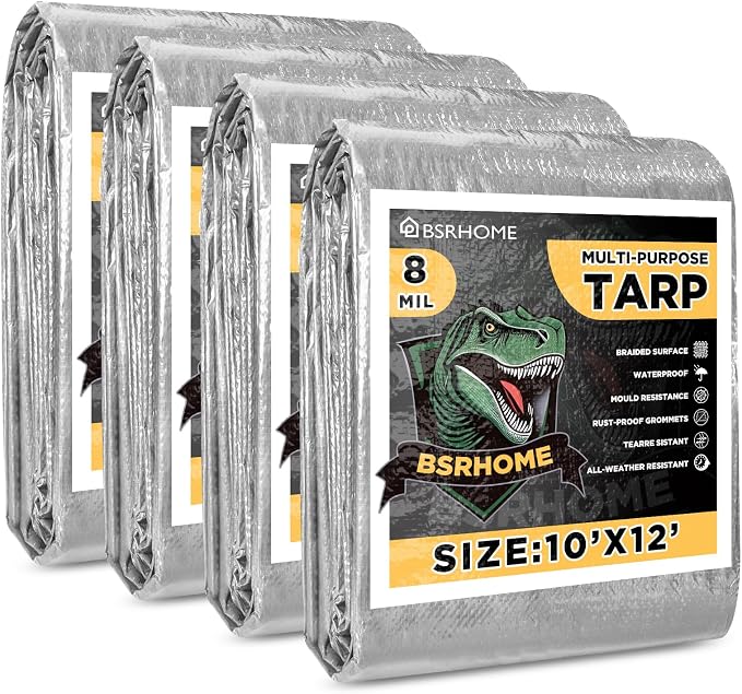 Tarps Waterproof 10x12 Feet, 4 Pack Heavy Duty Silver Tarp Cover 8 Mil Thick, Resistant Plastic Tarpaulin with Metal Grommets, Outdoor Tent Cover for Emergency Rain