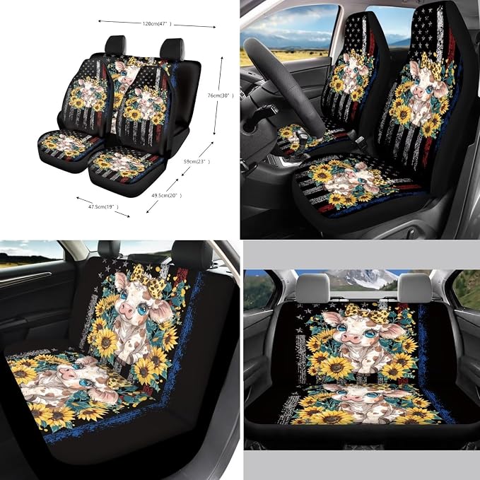 Suobstales Cow Sunflower Print Car Seat Covers Full Set American Flag Interior Accessories Bucket Seat Cover Rear Split Bench Protection with Steering Wheel Covers,Coaster,Keychains Fits Most Vehicles