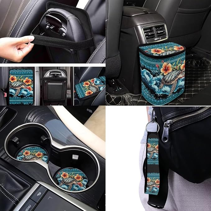 Sea Turtle Car Seat Covers Full Sets of 17 Pcs Navajo Sea Turtle Car Accessories Set for Women with Animals Print Auto Headrest Cover,Vehicle Trash Bag Universal Automotive Interior Decor