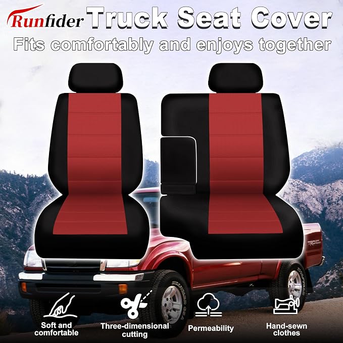 60/40 Split Bench Seat Covers for Toyota Tacoma 1995 1996 1997 1998 1999 2000 Heavy Duty Cloth Protector Interior Accessories with Console Covers，Waterproof & Machine Washable,Red