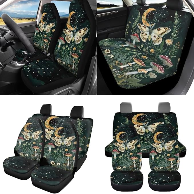8 Pcs Moon Mushroom Moth Car Seat Covers Full Set Car Accessories for Women Front Seat Cover Steering Wheel Armrest Cover Seat Belt Cover for Auto SUV Interior Decoration