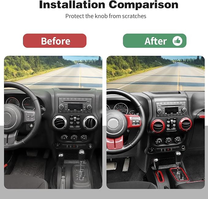 CheroCar 18PCS Interior Trim Kit for Jeep Wrangler JK JKU 2011-2018 4 Door,Steering Button Frame, Air Conditioning Vent Trim Cup Holder Cover,Gear Shift Knobs Frame,Red Carbon Fiber…