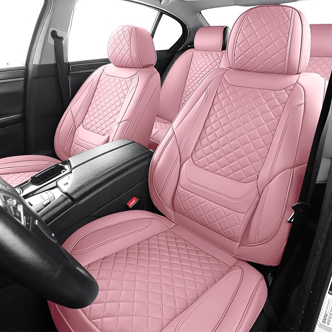 Pink Leather Car Seat Covers Full Set Breathable Seat Protectors Waterproof Automotive Seat Covers Universal Fit for Most Cars SUVs Trucks Vehicles