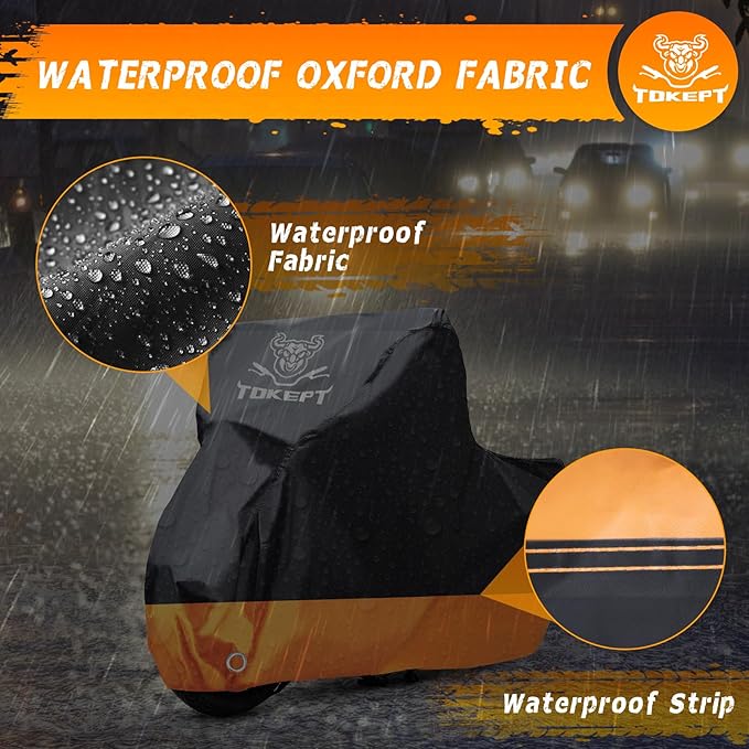 Motorcycle Cover, All-Season Waterproof Outdoor Sun Protection Fit up to 96 Inch Harley-Davidson Honda Suzuki Kawasaki Yamaha (XL Back&Orange)