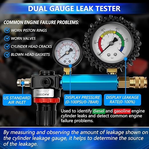 47PCS Compression and Leakage Test Kit Petrol & Diesel Compression Tester Kit Automotive Cylinder Leak Down Tester with Dual Gauge Engine Compression Tester Kit for HDI, TDCi, Pumpe Duse Engine