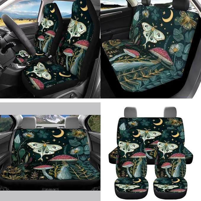 Mushroom Moth 15 PCS Car Seat Cover Set, with Steering Wheel Seat Belt Cover Rear View Mirror Cover Coaster Trash Cans Keychain Universal Fit
