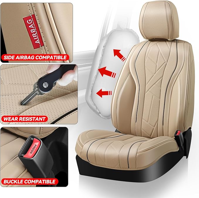 Auto Dynasty Car Seat Covers Front Set, Anti-Slip Automotive Interior Covers with Storage Pocket, Breathable Car Seat Protectors, Airbag Compatible, Universal Fit Most Vehicles, Beige (Touring Series)