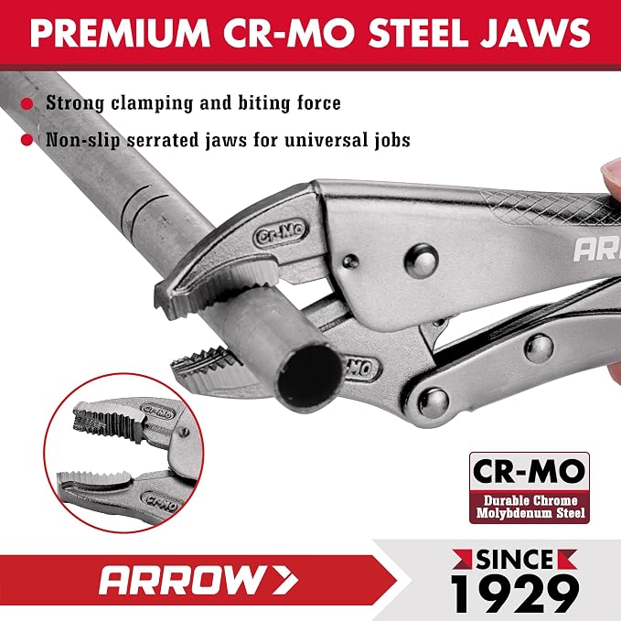 ARROW 7-piece Locking Pliers Set with Rolling Pouch, Chromium-Molybdenum Vice Grips, 5"/7" Curved Jaw, 6.5"/9" Long Nose, 7"/10" Straight Jaw, 10" V-Jaw Vise Grip Pliers