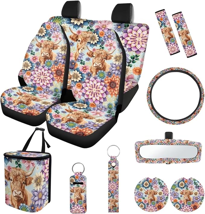 Suobstales Boho Mandala Highland Cattle Print Car Seat Covers Set of 13 with Universal Steering Wheel Cover, Rearview Mirror Cover, Car Trash Can, Seatbelt Pads, Cup Holder Coasters, Keychains