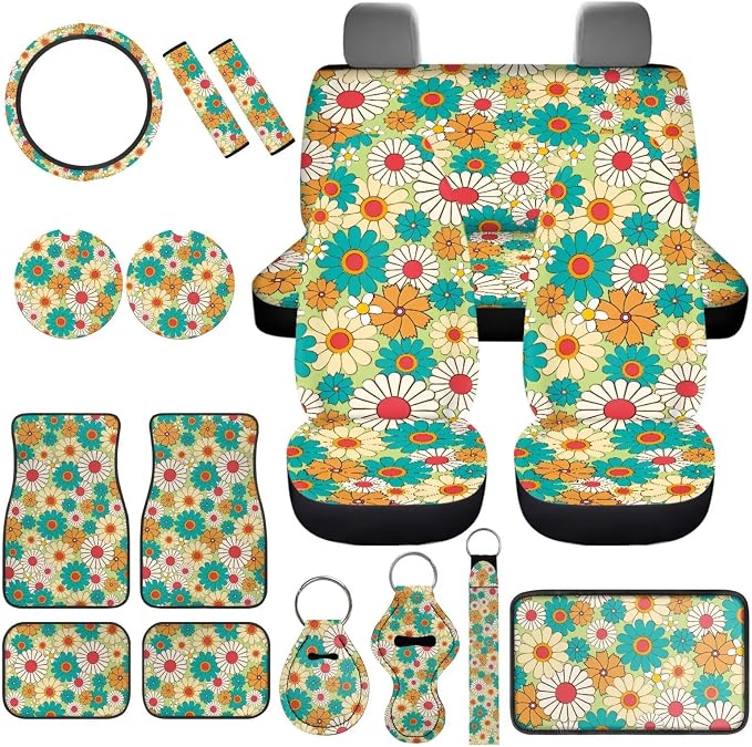 Colorful Daisy Car Accessories Set 17 Pack,Rose Car Seat Covers Full Set with Front and Rear,Car Floor Protector Pads,Steering Wheel Covers,Seat Belt Cover,Lipstick Holder Keychain
