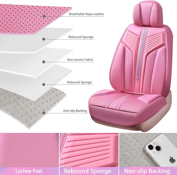 CAR PASS Pink Nappa Leather Seat Covers, Cute Girly Car Seat Covers Full Set for Women, Luxury 3D Sponge Support Waterproof Car Seat Protector, Universal Fit SUV Pick-up Truck Sedan Automotive