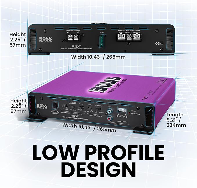 Boss Audio Systems R1100M-P Monoblock Car Amplifier - 1100 High Output, 2-8 Ohm Stable, Low/High Level Inputs, Low Pass Crossover, MOSFET Power Supply