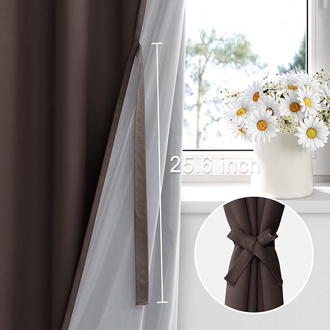 XWZO 100% Blackout Curtains 63 Inches Long with Tiebacks- Heat Blocking Energy Efficiency Window Draperies Grommet Top with Black Liner for Bedroom/Living Room, Brown, W60 x L63, Set of 2