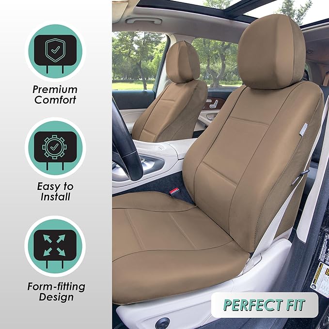 FH Group Car Seat Cover Airbag Compatible Full Set Beige Premium PU Leather - Split Bench Combo Vinyl Floor Mats Seat Covers Interior Accessories Universal Fit for Cars Trucks SUV