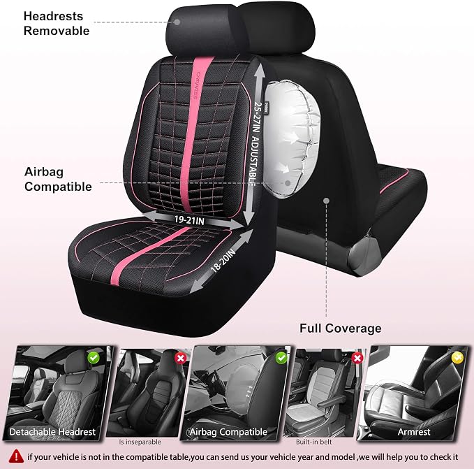 CAR PASS 3D Foam Mesh Leather Car Seat Covers Full Set, Breathable Premium Leather Seat Covers for Car,Anti Slip Universal Fit for Trucks Cars Sedans Vans SUVs, Airbag Compatible, Black Pink